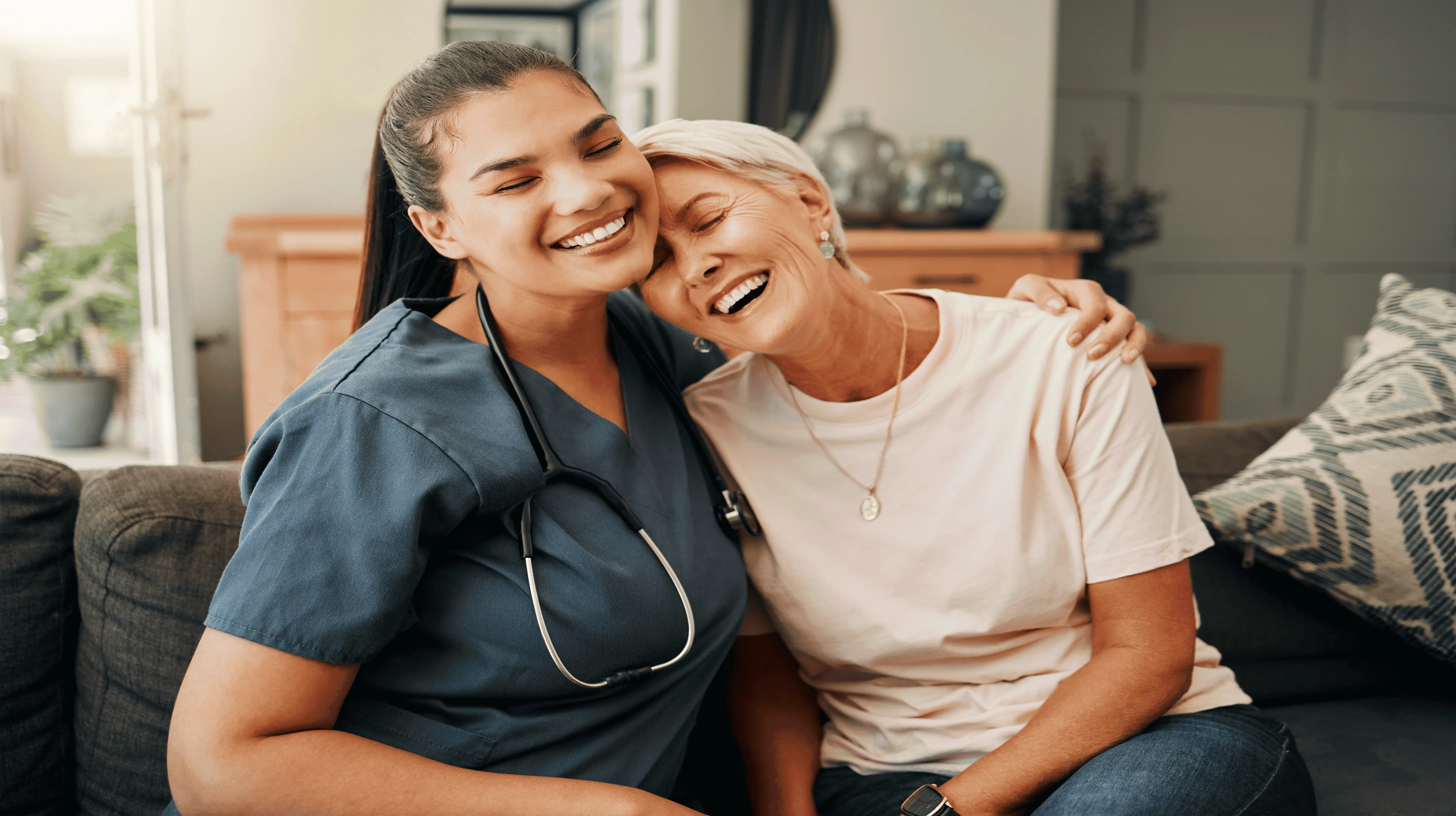 OC HomeCare nurse offering heartfelt dementia and emotional support to an elderly woman in a comforting home setting in Orange County